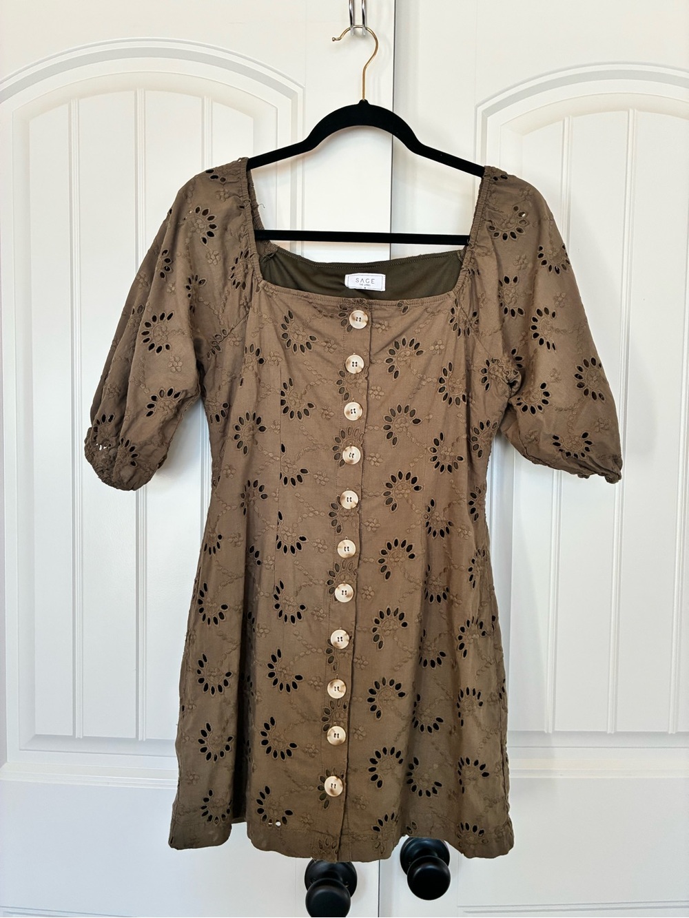 Sage the Label Olive Green Eyelet Puff Sleeve Button Down Mini Dress Size M